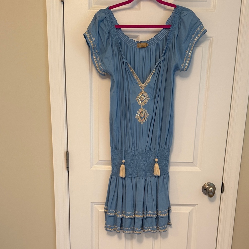 Skemo Light Blue Embroidered Mini Dress with Tassels - Size Large - NWOT